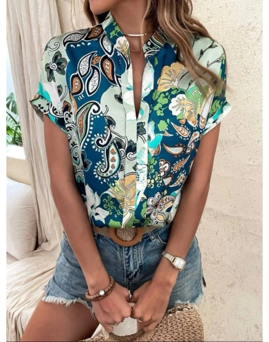 Kadın Moss Krep Kumaş V Yaka Yarasa Kol Bluz