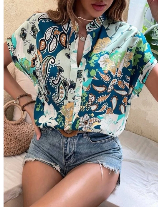 Kadın Moss Krep Kumaş V Yaka Yarasa Kol Bluz