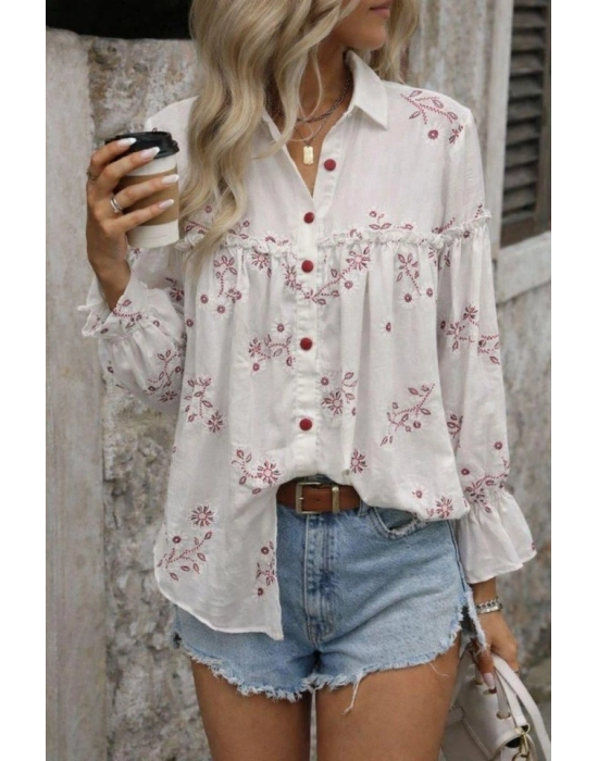 Kadın Nakış Işlemeli Kolu Volanlı Gömlek