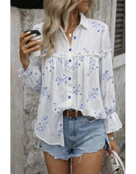 Kadın Nakış Işlemeli Kolu Volanlı Gömlek