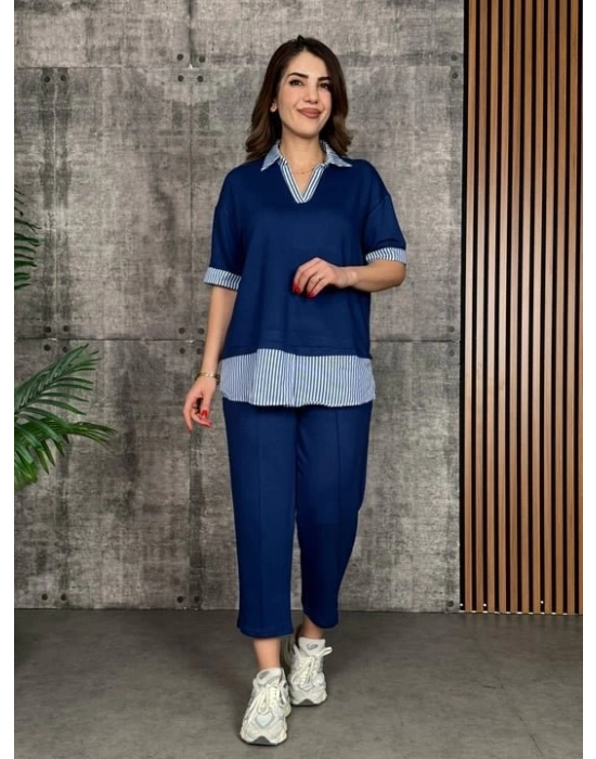 Kadın odal Kumaş çizgili Gömlek Yaka Ikili Takım