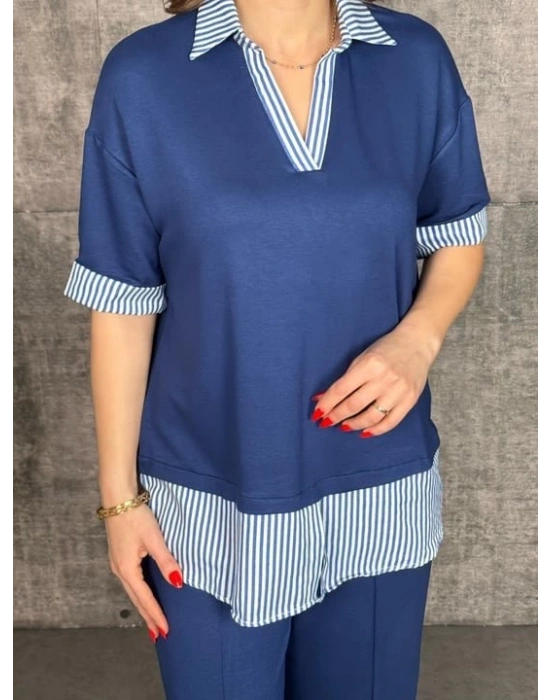 Kadın odal Kumaş çizgili Gömlek Yaka Ikili Takım
