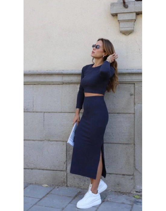 Kadın oft Kaşkorse Kumaş Bluz Ve Yırtmaç Detaylı Etek Ikili Takım