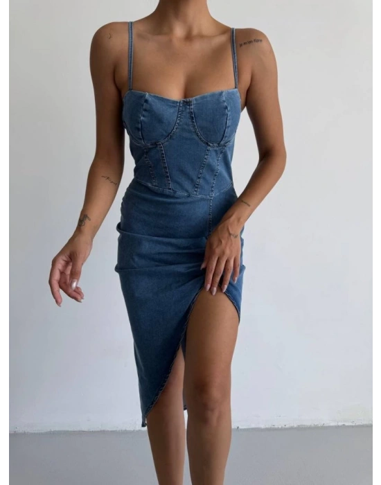 Kadın Omuz Askılı Derin Bacak Dekoltesi Ve Büzgü Detay Kot Elbise