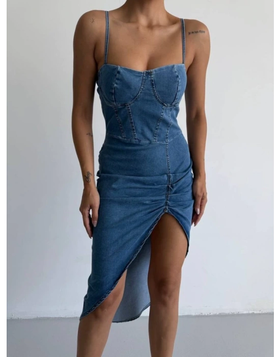 Kadın Omuz Askılı Derin Bacak Dekoltesi Ve Büzgü Detay Kot Elbise