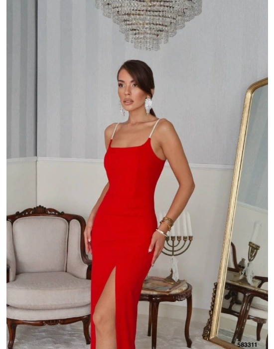 Kadın Omuz Askılı Derin Yırtmaç Detay Maxi Boy Elbise