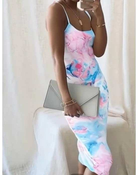 Kadın Omuz Askılı Dijital Baskılı Midi Boy Elbise