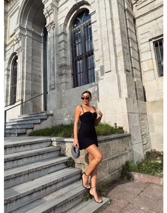 Kadın Omuz Askılı File Kumaş Likralı Mini Elbise