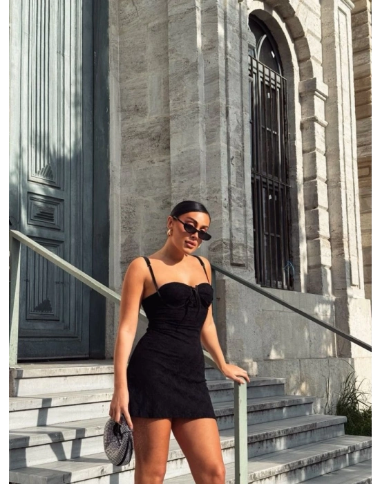 Kadın Omuz Askılı File Kumaş Likralı Mini Elbise