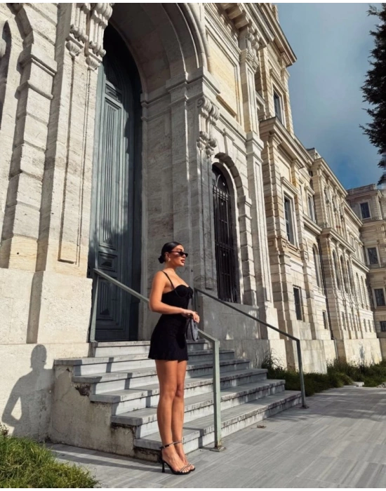 Kadın Omuz Askılı File Kumaş Likralı Mini Elbise