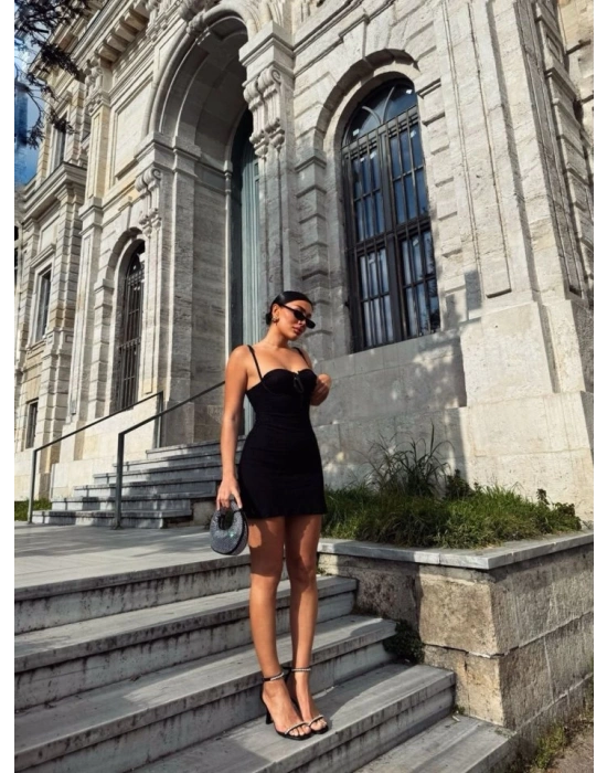 Kadın Omuz Askılı File Kumaş Likralı Mini Elbise