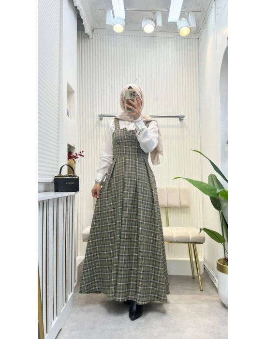 Kadın Omuz Askılı Full Ekose Detay Elbise