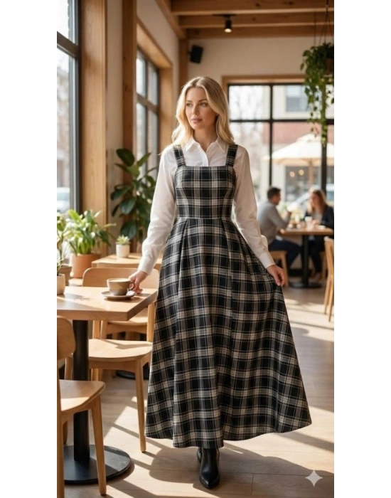 Kadın Omuz Askılı Full Ekose Detay Elbise