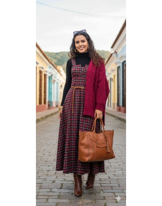 Kadın Omuz Askılı Full Ekose Detay Elbise