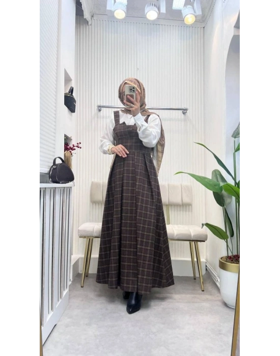 Kadın Omuz Askılı Full Ekose Detay Elbise