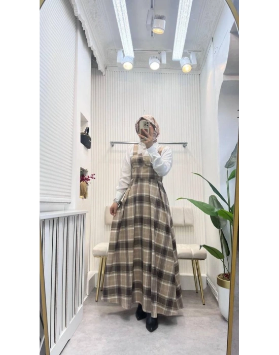 Kadın Omuz Askılı Full Ekose Detay Elbise