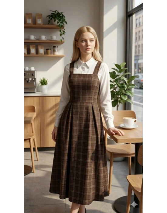 Kadın Omuz Askılı Full Ekose Detay Elbise