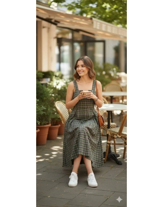 Kadın Omuz Askılı Full Ekose Detay Elbise