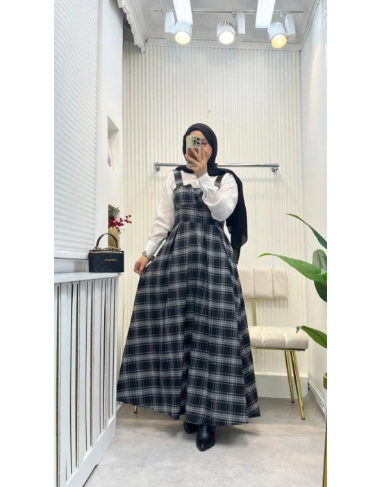 Kadın Omuz Askılı Full Ekose Detay Elbise