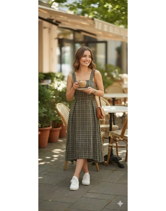 Kadın Omuz Askılı Full Ekose Detay Elbise