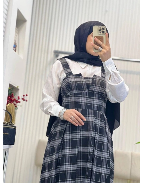 Kadın Omuz Askılı Full Ekose Detay Elbise