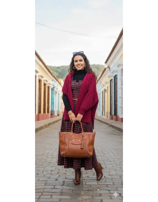 Kadın Omuz Askılı Full Ekose Detay Elbise