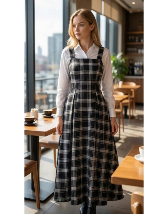 Kadın Omuz Askılı Full Ekose Detay Elbise