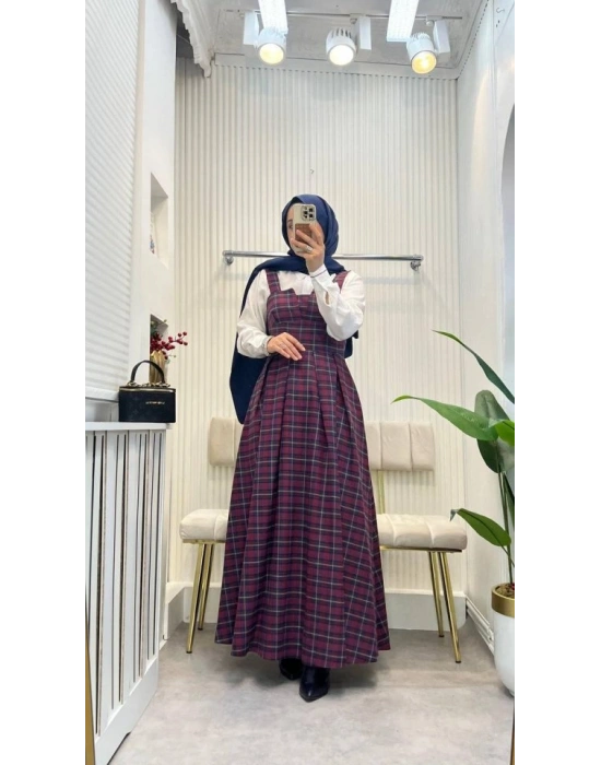 Kadın Omuz Askılı Full Ekose Detay Elbise