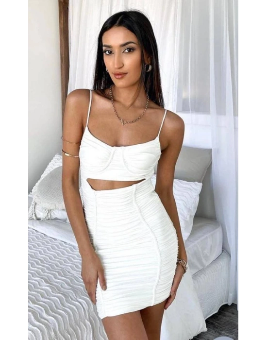 Kadın Omuz Askılı Göbek Ve Sırt Dekolteli Gipe Ve Büzgü Detay Fırsat ürün Mini Elbise