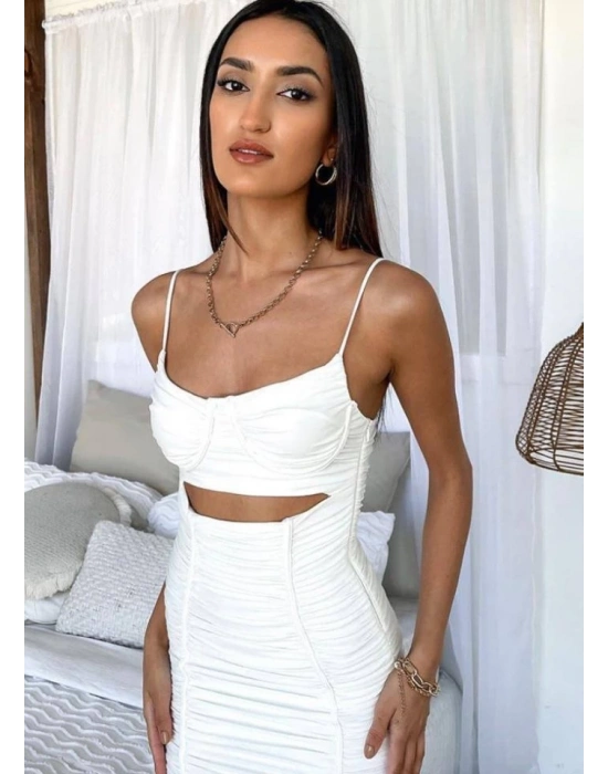 Kadın Omuz Askılı Göbek Ve Sırt Dekolteli Gipe Ve Büzgü Detay Fırsat ürün Mini Elbise