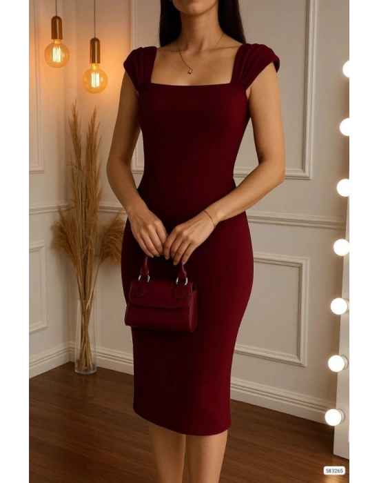 Kadın Omuz Askılı Kare Yaka Detay Midi Boy Kalem Elbise