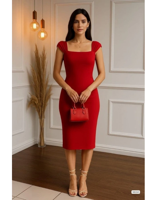 Kadın Omuz Askılı Kare Yaka Detay Midi Boy Kalem Elbise