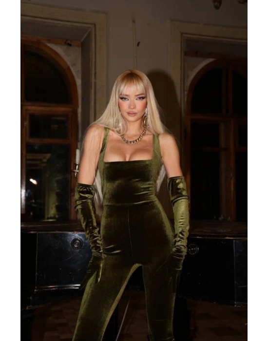 Kadın Omuz Askılı Kare Yaka Uzun Eldiven Detay Kadife Kumaş Tulum