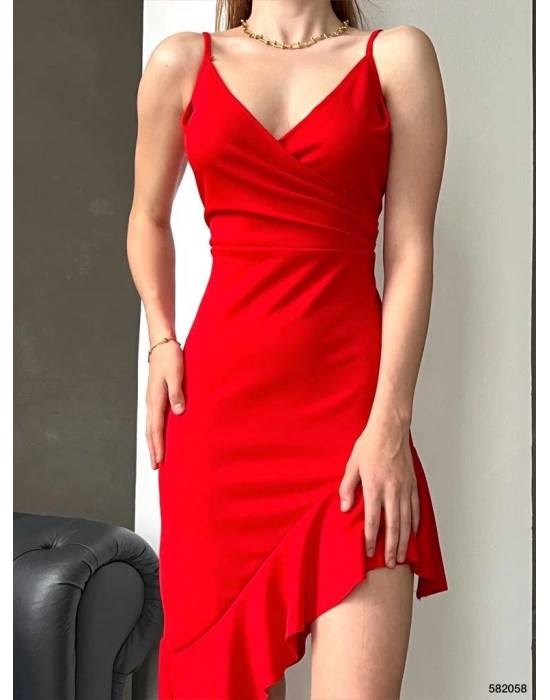 Kadın Omuz Askılı Kruvaze Yaka Asimetrik Kesim Volan Detaylı Elbise