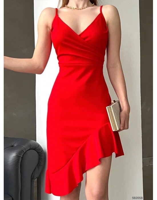 Kadın Omuz Askılı Kruvaze Yaka Asimetrik Kesim Volan Detaylı Elbise