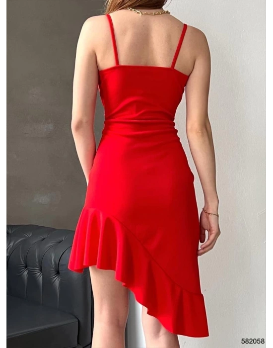 Kadın Omuz Askılı Kruvaze Yaka Asimetrik Kesim Volan Detaylı Elbise