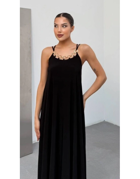 Kadın Omuz Askılı Kuş Gözü Zincir Detay andy Kumaş Maxi Boy Elbise