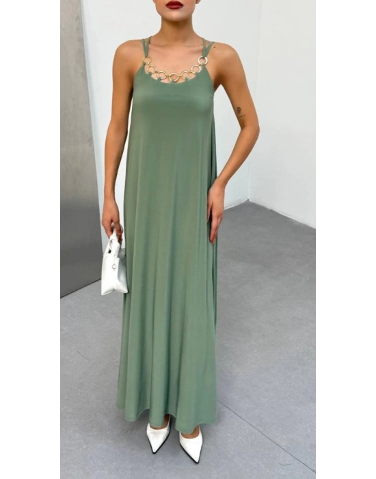 Kadın Omuz Askılı Kuş Gözü Zincir Detay andy Kumaş Maxi Boy Elbise