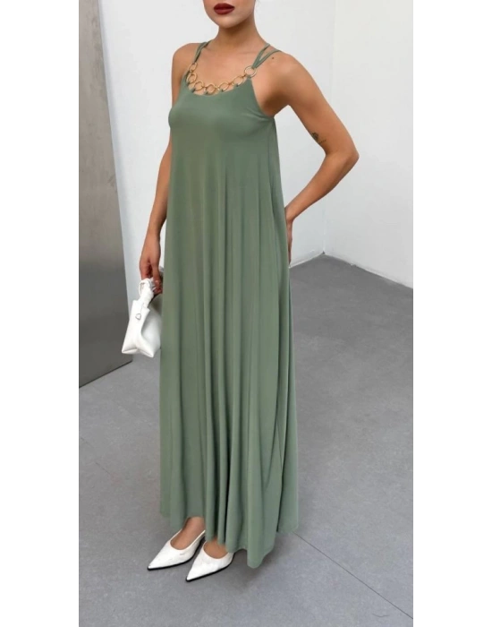 Kadın Omuz Askılı Kuş Gözü Zincir Detay andy Kumaş Maxi Boy Elbise