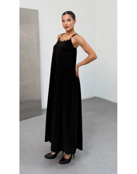 Kadın Omuz Askılı Kuş Gözü Zincir Detay andy Kumaş Maxi Boy Elbise