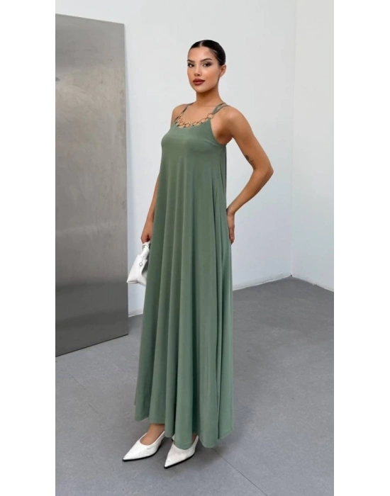 Kadın Omuz Askılı Kuş Gözü Zincir Detay andy Kumaş Maxi Boy Elbise