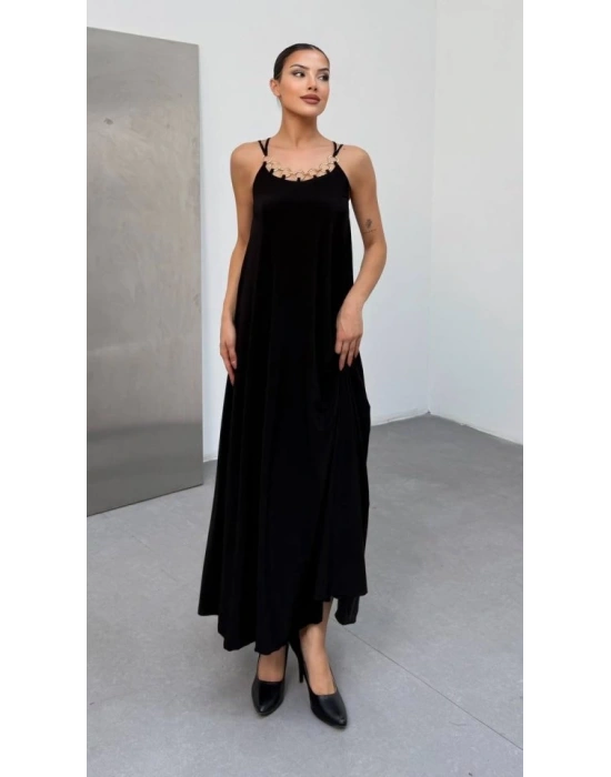 Kadın Omuz Askılı Kuş Gözü Zincir Detay andy Kumaş Maxi Boy Elbise