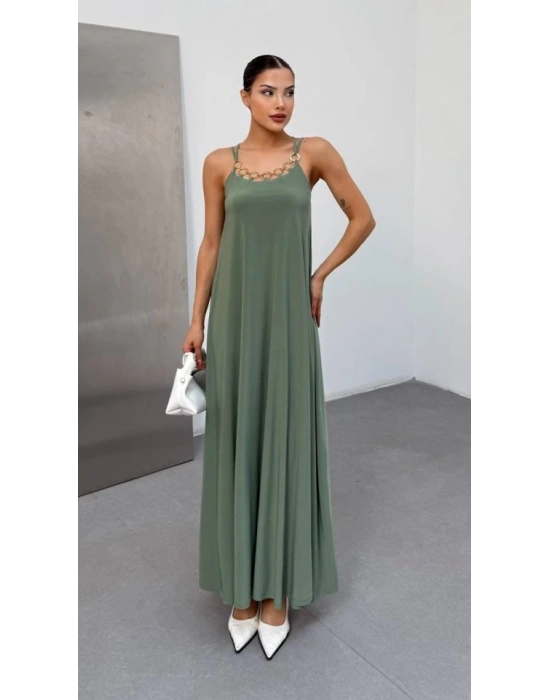 Kadın Omuz Askılı Kuş Gözü Zincir Detay andy Kumaş Maxi Boy Elbise