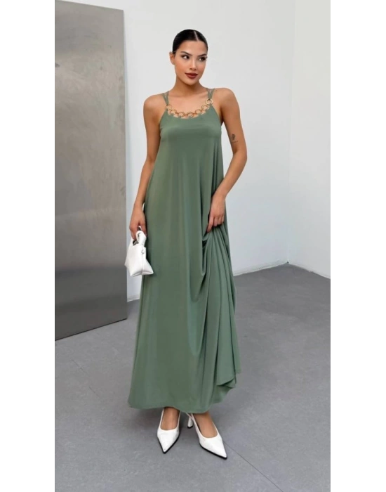 Kadın Omuz Askılı Kuş Gözü Zincir Detay andy Kumaş Maxi Boy Elbise