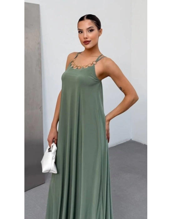 Kadın Omuz Askılı Kuş Gözü Zincir Detay andy Kumaş Maxi Boy Elbise