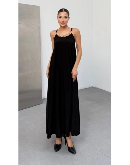 Kadın Omuz Askılı Kuş Gözü Zincir Detay andy Kumaş Maxi Boy Elbise