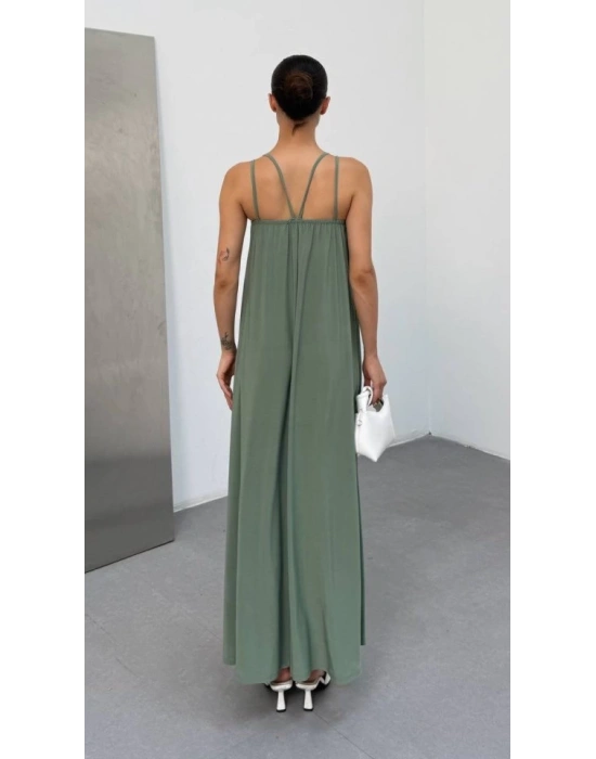 Kadın Omuz Askılı Kuş Gözü Zincir Detay andy Kumaş Maxi Boy Elbise