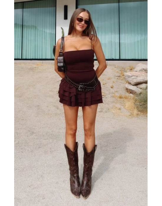 Kadın Omuz Askılı Sırt Dekolteli Sandy Kumaş Volan Detay Mini Elbise