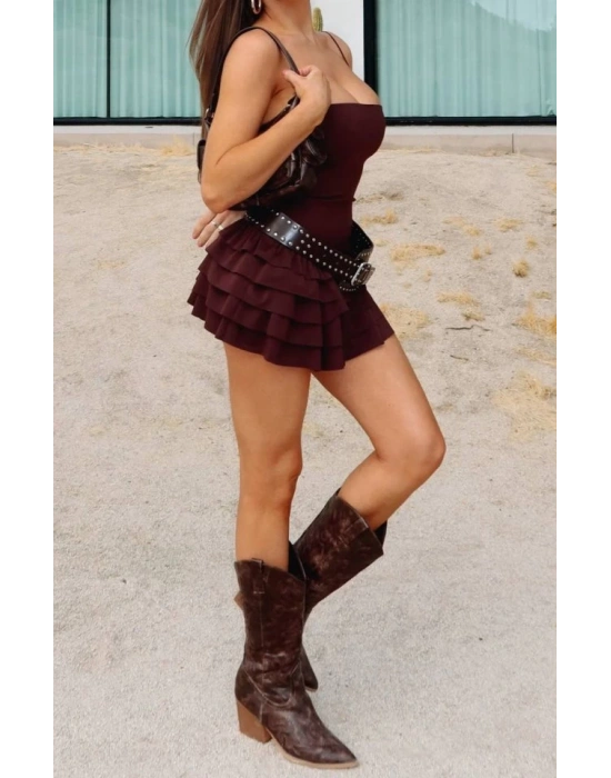 Kadın Omuz Askılı Sırt Dekolteli Sandy Kumaş Volan Detay Mini Elbise