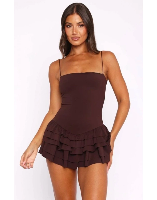 Kadın Omuz Askılı Sırt Dekolteli Sandy Kumaş Volan Detay Mini Elbise